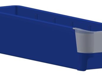 Voorraad bak, blauw, met transparante voorzijde br 228 mm. diepte legbord 475 mm.