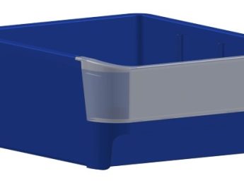 Voorraad bak, blauw, met transparante voorzijde br 114 mm. diepte legbord 275 mm.