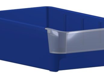 Voorraad bak, blauw, met transparante voorzijde br 114 mm. diepte legbord 375 mm.